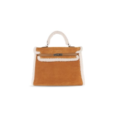 HERMÈS KELLY 35 TEDDY PLUSH SWIFT CHAMOIS  ALEZAN PALLADIUM HARDWARE (35*25*12cm)